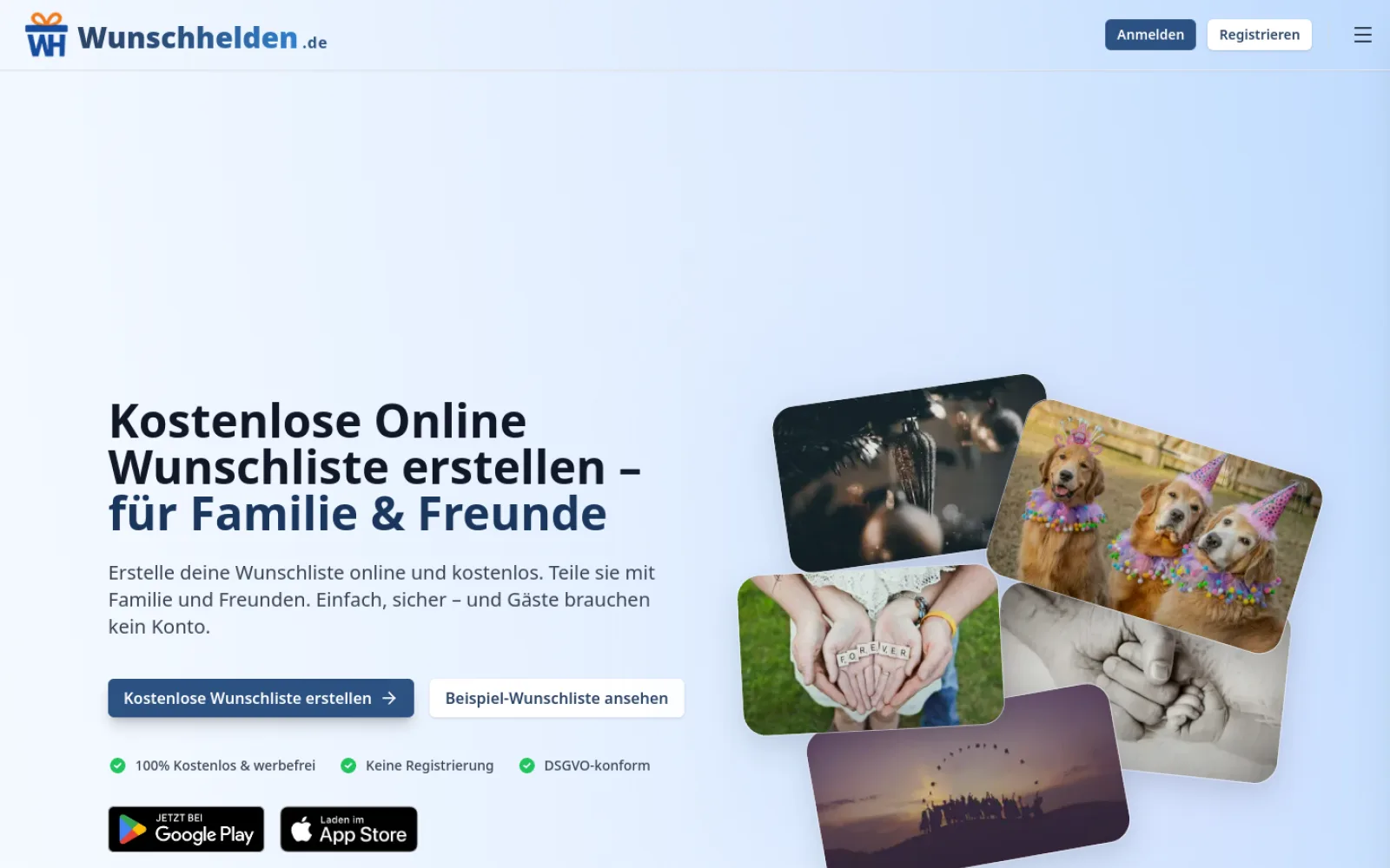 Screenshot der Website Wunschhelden.de mit Online-Wunschliste